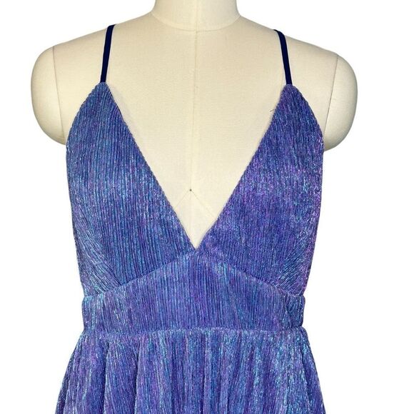 Lulu’s Blue Metallic V Neck Skater Dress | Size L - Picture 5 of 9